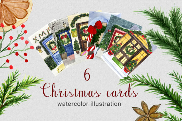 Christmas Set of 6 Cards Watercolor for Local Branding