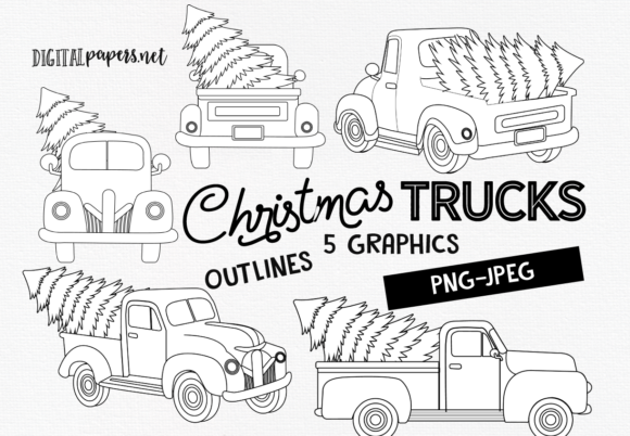 Christmas Vintage Trucks - Outlines Illustrations